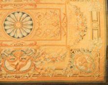 A large Aubusson flat weave carpet: with green central flowerhead medallion enclosed by ribbon