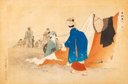 After Miyagawa Shuntei A Japanese woodblock print 'Bathing in the Sea' : from a series of 'Twelve
