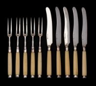 A set of five George VI silver and ivory fruit knives and forks, maker Elkington & Co, Birmingham,