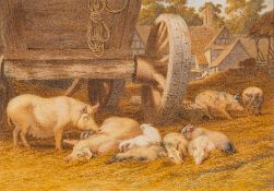 Robert Hills [1769-1844]- Farmyard pigs resting,:- watercolour, 18 x 25cm. * Provenance.