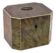A Georgian green tortoiseshell and ivory inlaid tea caddy: of rectangular outline with canted