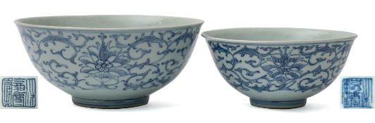 A Chinese blue and white peony scroll bowl and a similar smaller example: each with rounded sides
