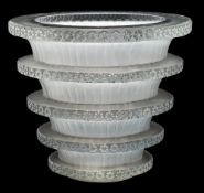 A Rene Lalique vase 'Chevreuse': the frosted and mildly patinated exterior with five narrow bands