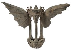 A Victorian cast bronze Gothic Revival hanging crypt lantern: of triangular outline,