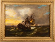 William Adolphus Knell [1805-1875]- Man-o-War and other shipping offshore in choppy seas,