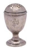 A George III pounce pot, maker John Touliet, London, 1789: of ovoid form with pierced domed lid,