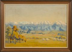 New Zealand School 20th Century- South Island,:- sheep grazing in the foreground,