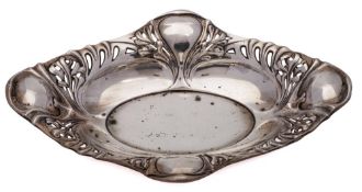 A German Art nouveau period silver dish, stamped 800: of cartouche-shaped outline,