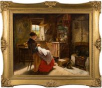 Attributed to Haynes King [1831-1904]- A quiet moment; a young woman seated, sewing, in an interior,