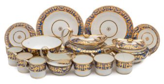 A Derby 'Regency' porcelain part tea service: painted with blue ground bands gilded with foliage,