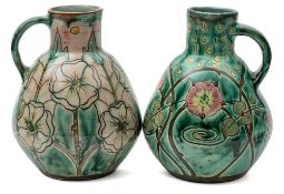 Two Della Robbia pottery jugs and vase: the former of globular form with short raised neck and