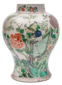 A Chinese famille verte baluster jar: brightly painted with birds, bamboo,