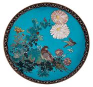 A Japanese cloisonne charger: decorated with pheasant and finch amongst flowering shrubs,