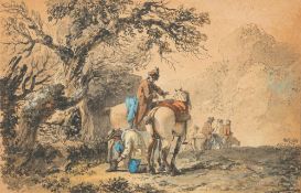 Attributed to Jean Pierre Louis Houel [1735-1813]- Landscape with couple on track herding cattle