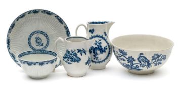 A group of 18th century English blue and white porcelain: comprising a First Period Worcester bowl
