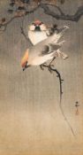 After Koson Three Japanese woodblock prints depicting various birds amongst shrubs and trees:
