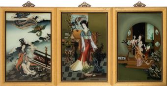 Three 20th century Chinese reverse glass paintings: depicting female beauties,