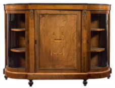 A Victorian walnut, inlaid and gilt metal mounted credenza:, of D-shaped breakfront outline,