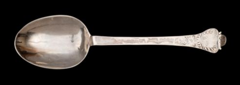 A Charles II silver trefid spoon, maker PL, London, 1679: initialled, with lace back bowl,