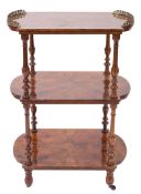 A Victorian burr walnut veneer, inlaid and gilt metal mounted three tier whatnot:,