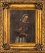 Attributed to Egbert Hemskirk [1635-1704]- A woman and cat,:- oil on panel, 16 x 12.5cm.