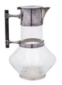 A clear glass and silver plate mounted claret jug: in the Christopher Dresser taste,