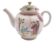 A mixed group of Lowestoft porcelain: comprising a globular teapot painted to each side with three
