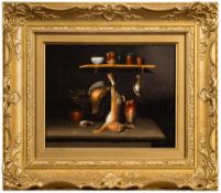 Attributed to Benjamin Blake [c.1770-1830]- Game in a larder,:- oil on canvas, 18 x 23cm.