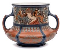 An Art Nouveau Mettlach stoneware two-handled jardiniere: incised and decorated in relief with two
