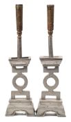 A pair of early 20th century Chinese pewter temple candlesticks: with brass embossed detachable