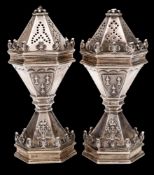 A pair of Victorian silver Salters Company diamond jubilee pepperettes, maker James Garrard, London,