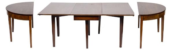 A 19th century mahogany D end dining table: in three parts with a drop flap centre section,