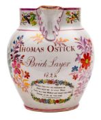 An early 19th century pearlware documentary jug: inscribed 'Thomas Ostick/Brick Layer 1824' amongst