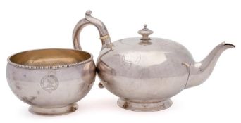 A Victorian silver plain circular teapot and a matching sugar basin, maker Alexander Macrae, London,