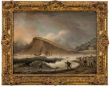 Thomas Luny [1759-1837]- Shipwreck at the Ness; a rescue, figures on a shore,