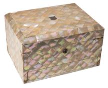 A Victorian mother of pearl veneered travelling vanity case: of rectangular outline,