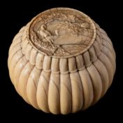 A late 19th century Japanese carved ivory miniature pot and cover: of squat globular form ,
