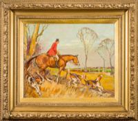 * Gilbert Gee [20th Century]- The North Staffordshire Hunt;- three fox hounds and Master,