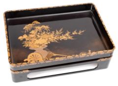 A Japanese lacquer tray and stand: of rectangular outline,