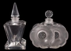 A Lalique scent bottle and one other: the former 'Duex Fleurs' moulded in frosted and clear glass,
