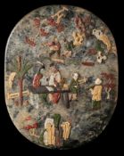 A Chinese double-sided soapstone panel: applied with figures around a table in a fenced garden,