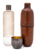 A glass silver and silver plated hunting flask in leather case: the glass bottle mounted to the