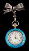 A lady's blue enamelled fob watch: the reverse painted with seated figures,