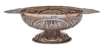 A Dutch silver oval bowl, marks worn and rubbed: with embossed foliate decoration,