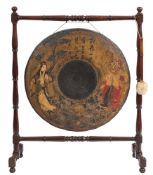 A large bronze 'chinoiserie' circular gong on a 19th Century mahogany stand:,