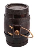 A 19th Century oak and iron bound costrel: of coopered construction, the ends turned and stamped 'W.