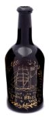 A free blown cylinder wine bottle: of dark olive colour with pronounced 'kick up' raised neck and