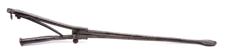 A pair of 18th Century wrought iron ember tongs: inscribed 'JAMES GRIFFIN, BENTLEY GREEN HANTS.