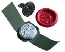 A Medieval bronze seal matrix: the face 'Ich Crake Notis' around a crouching beast, 15th Century,