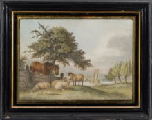 Attributed to Benjamin Zobel [1761-1831]- Sheep and a bay pony in a lowland meadow,